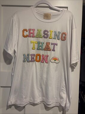 Judith March White Tee with Multicolor Neon Patch Letters: Chasing That Neon 🌈